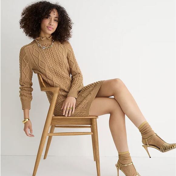 J. CREW Cable Knit Mini Sweater Dress Tan Sz S $185 {L10} - Picture 1 of 7